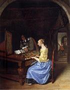 A young woman playing a harpsichord to a young man, Jan Steen
